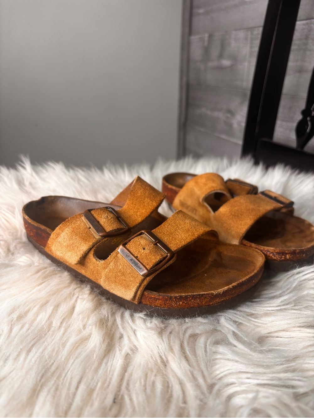 Birkenstock Arizona Suede Double Buckle Slide Sandals - Tan BrownU 36 5.5